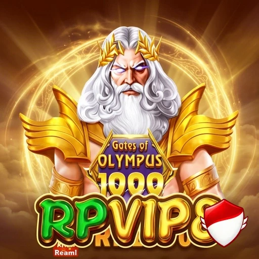 Ilustrasi Zeus berzirah emas, lencana Gates of Olympus 1000, dan logo rpvip8 untuk panduan akses seluler